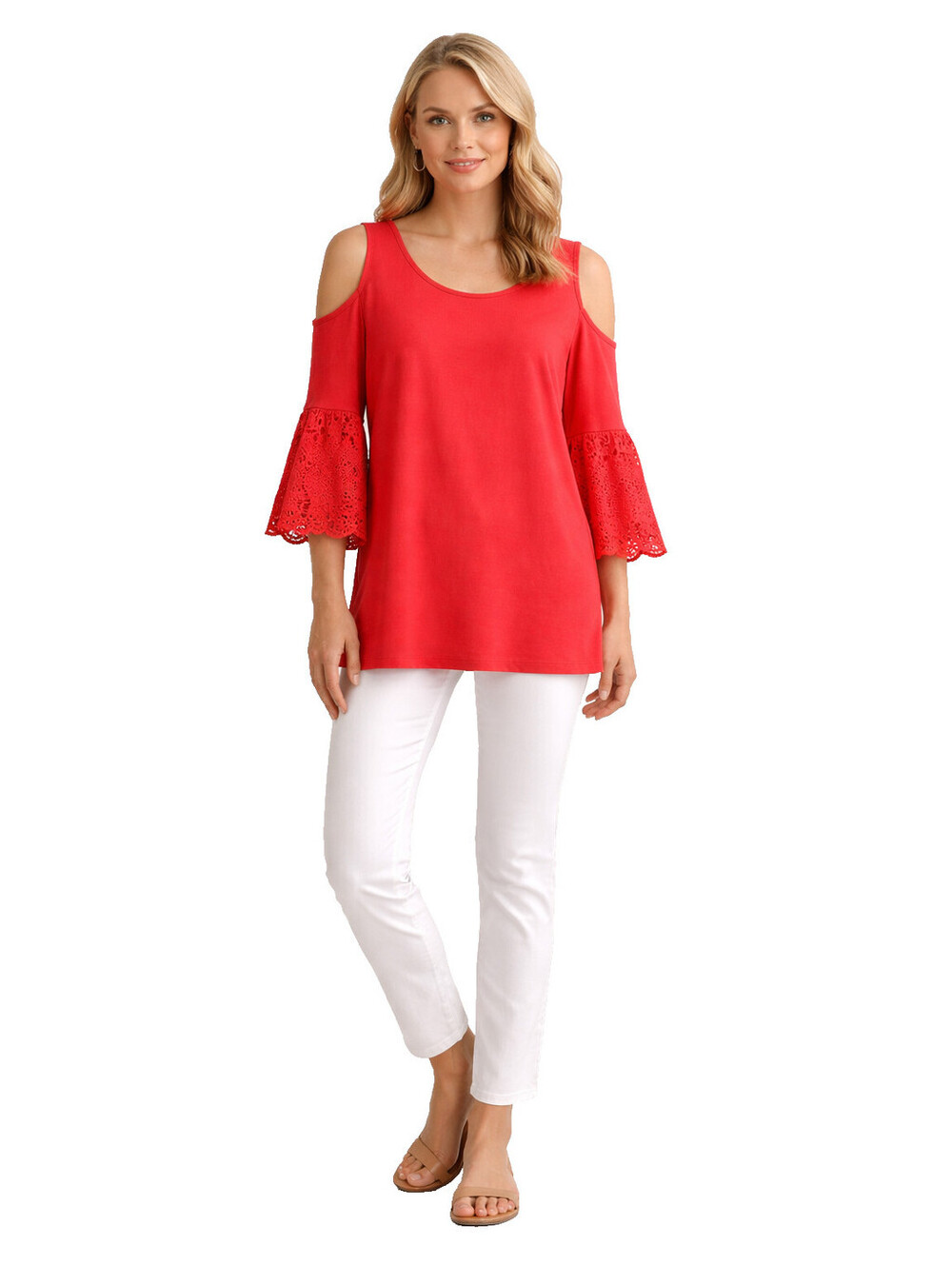 Rain Women’s Cold Shoulder Lace Bell Sleeve Top Coral Size L Boho 3/4